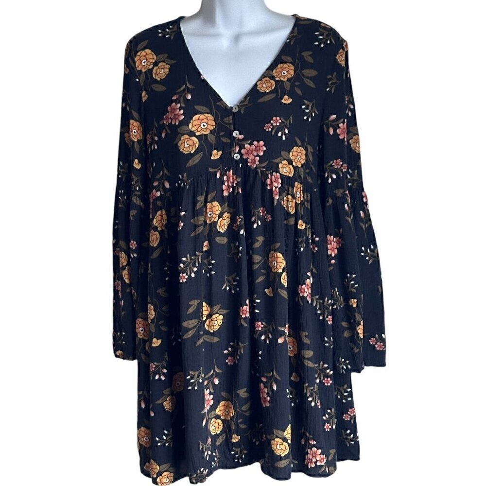 Altard State Black Floral long Bell sleeve Babydoll Mini Dress - Size Small